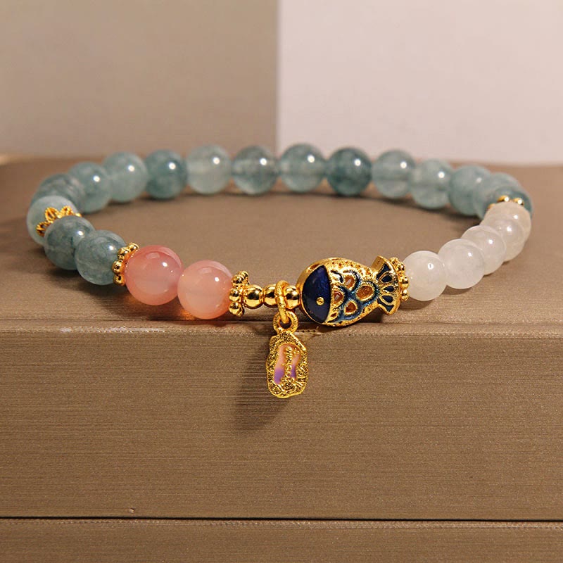 Buddha Stones Jade Yanyuan Agate White Jade Koi Fish Scripture Charm Luck Bracelet