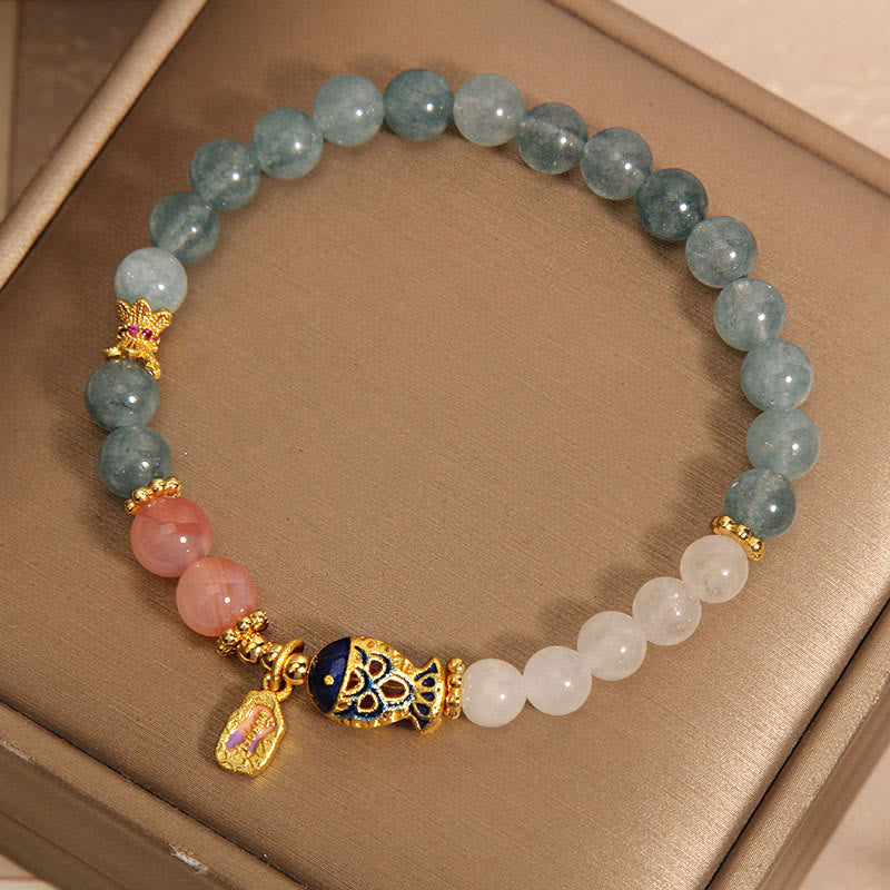 Buddha Stones Jade Yanyuan Agate White Jade Koi Fish Scripture Charm Luck Bracelet