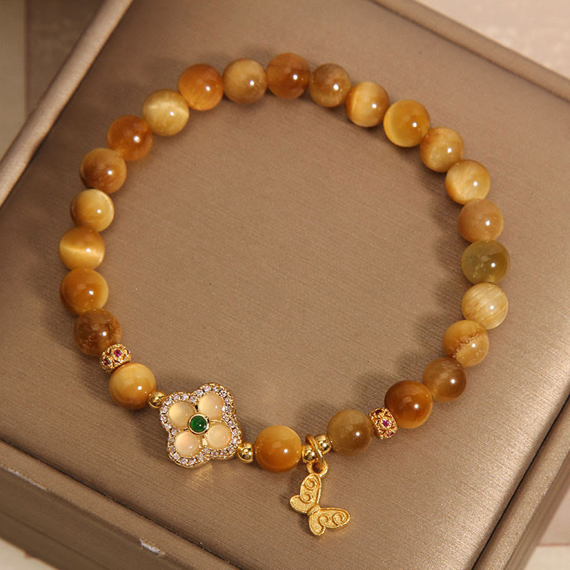 Buddha Stones Tiger Eye Four Leaf Clover Butterfly Protection Bracelet