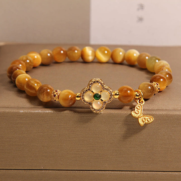 Buddha Stones Tiger Eye Four Leaf Clover Butterfly Protection Bracelet