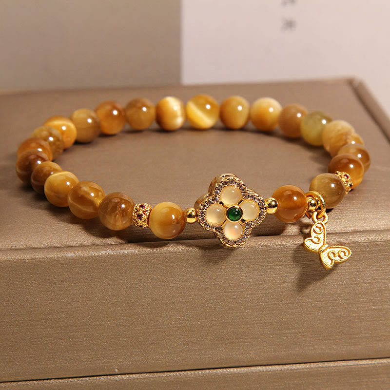 Buddha Stones Tiger Eye Four Leaf Clover Butterfly Protection Bracelet