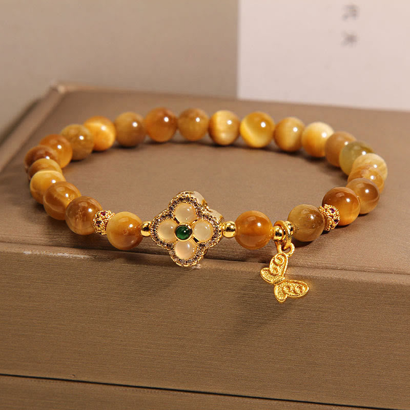 Buddha Stones Tiger Eye Four Leaf Clover Butterfly Protection Bracelet