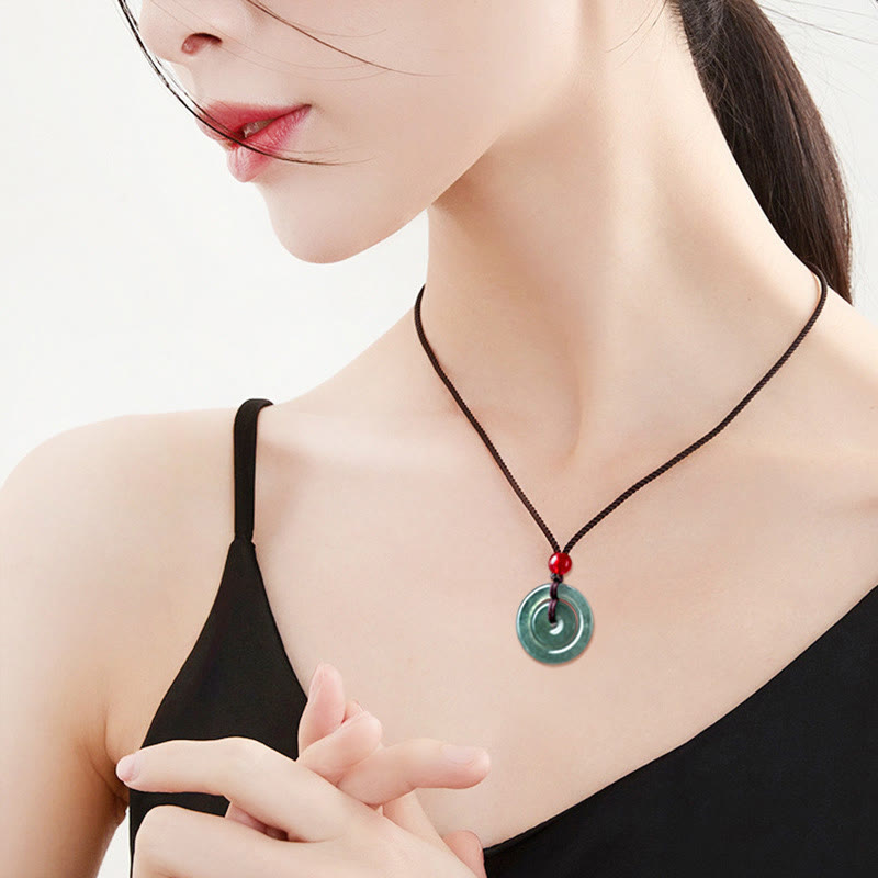 Buddha Stones Green Jade Double Peace Buckle Abundance Necklace Pendant - image 9