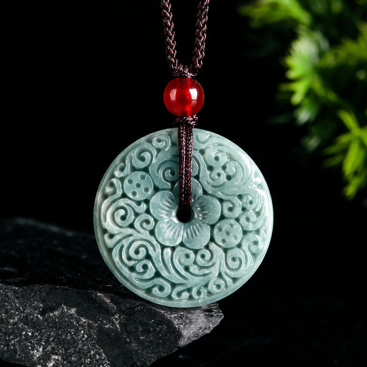 Buddha Stones Green Jade Flower Carved Peace Buckle Abundance Necklace Pendant - Jade(Natural Jade, Color & Size  May Vary) - image 0