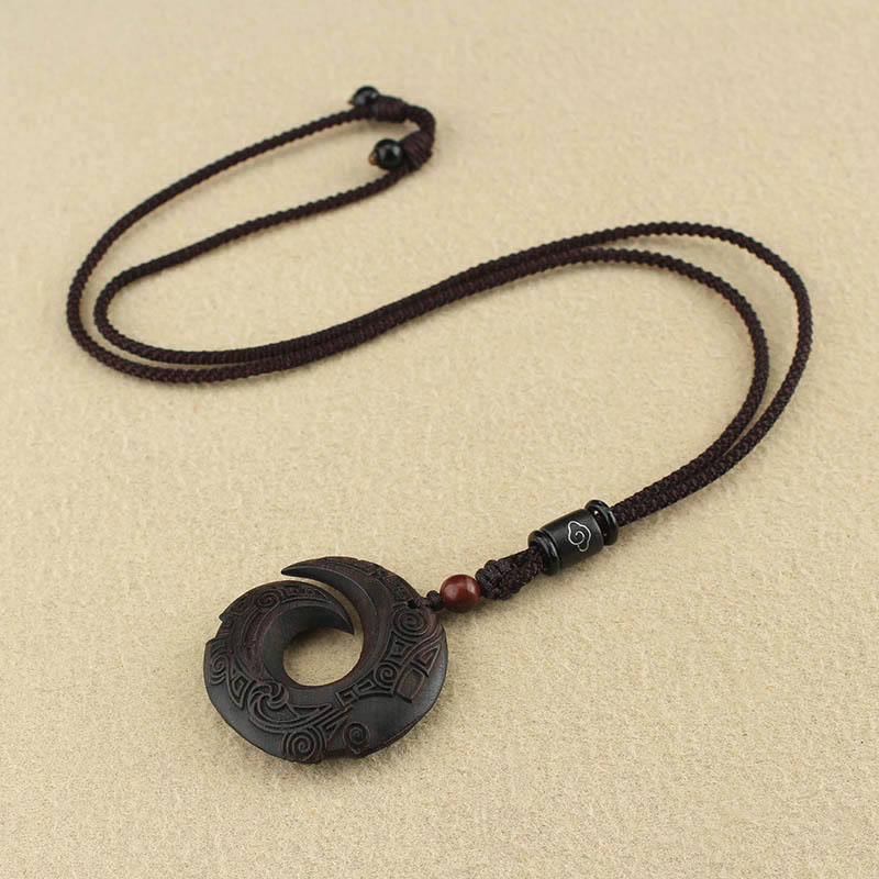 Buddha Stones Ebony Wood Sandalwood One's Luck Improves Design Pattern Peace Necklace Pendant