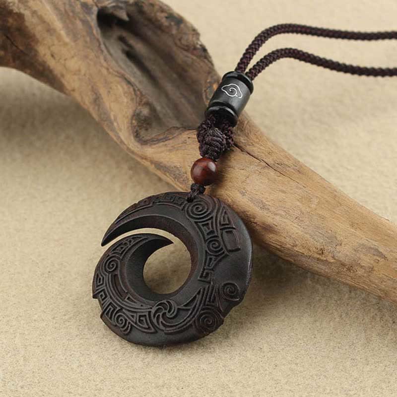 Buddha Stones Ebony Wood Sandalwood One's Luck Improves Design Pattern Peace Necklace Pendant - image 8