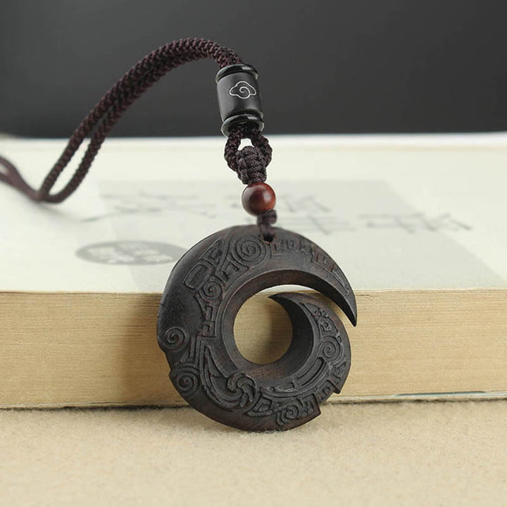 Buddha Stones Ebony Wood Sandalwood One's Luck Improves Design Pattern Peace Necklace Pendant - Ebony Wood - image 0