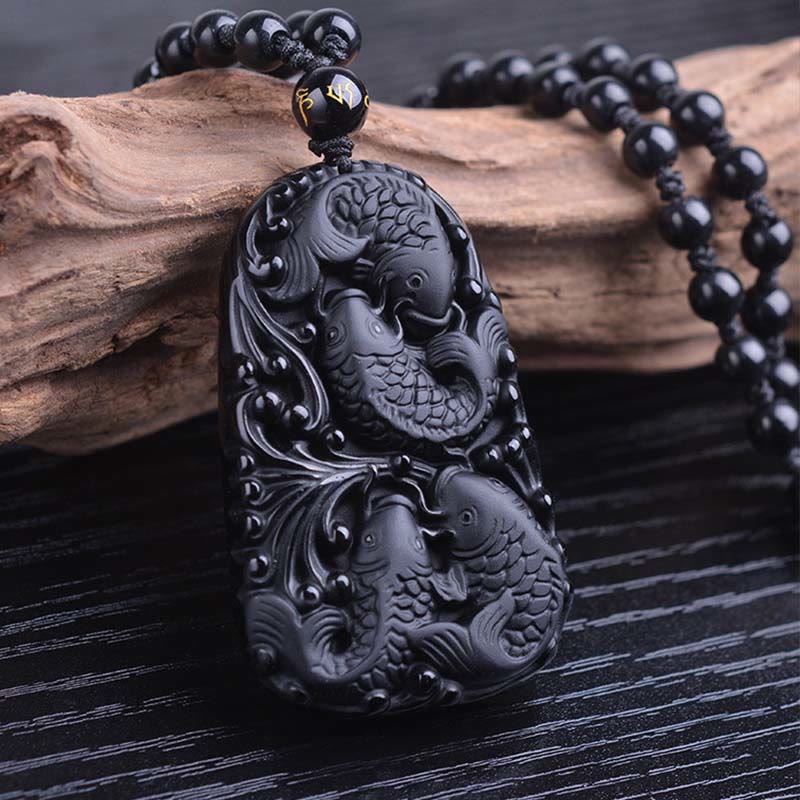 Buddha Stones Black Obsidian Koi Fish Engraved Strength Beaded Necklace Pendant