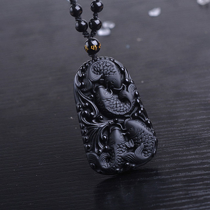 Buddha Stones Black Obsidian Koi Fish Engraved Strength Beaded Necklace Pendant