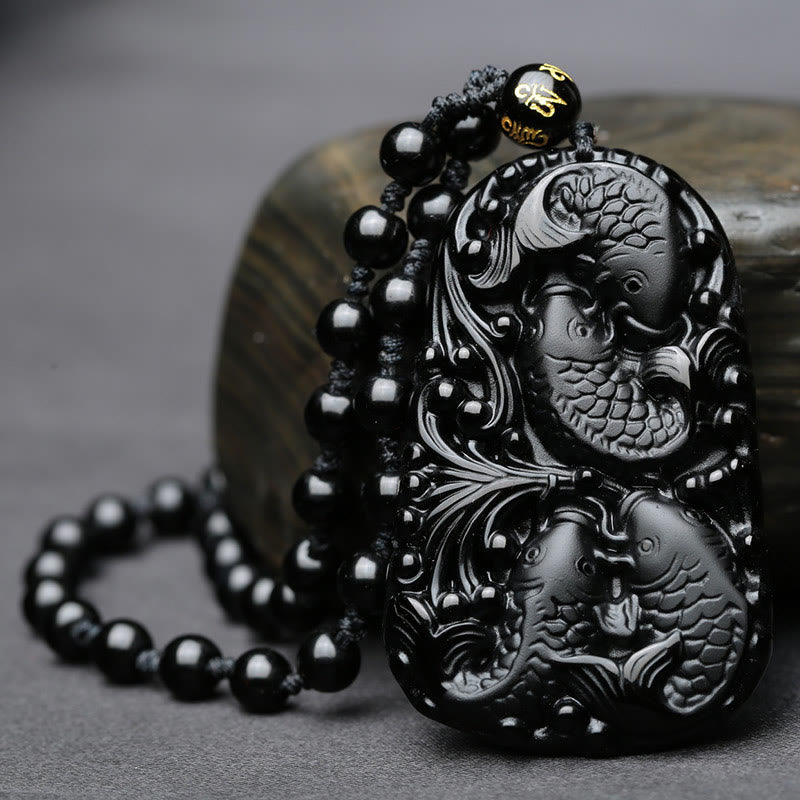 Buddha Stones Black Obsidian Koi Fish Engraved Strength Beaded Necklace Pendant - image 4