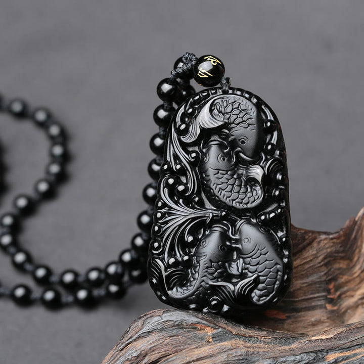 Buddha Stones Black Obsidian Koi Fish Engraved Strength Beaded Necklace Pendant