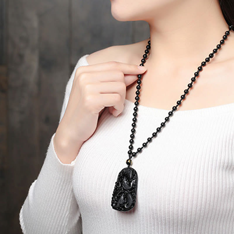 Buddha Stones Black Obsidian Koi Fish Engraved Strength Beaded Necklace Pendant