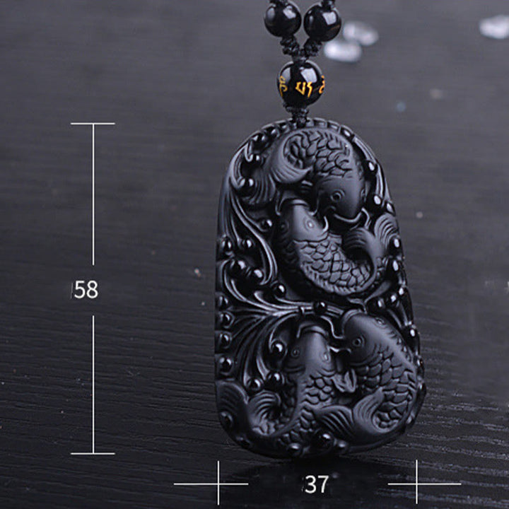 Buddha Stones Black Obsidian Koi Fish Engraved Strength Beaded Necklace Pendant - image 16