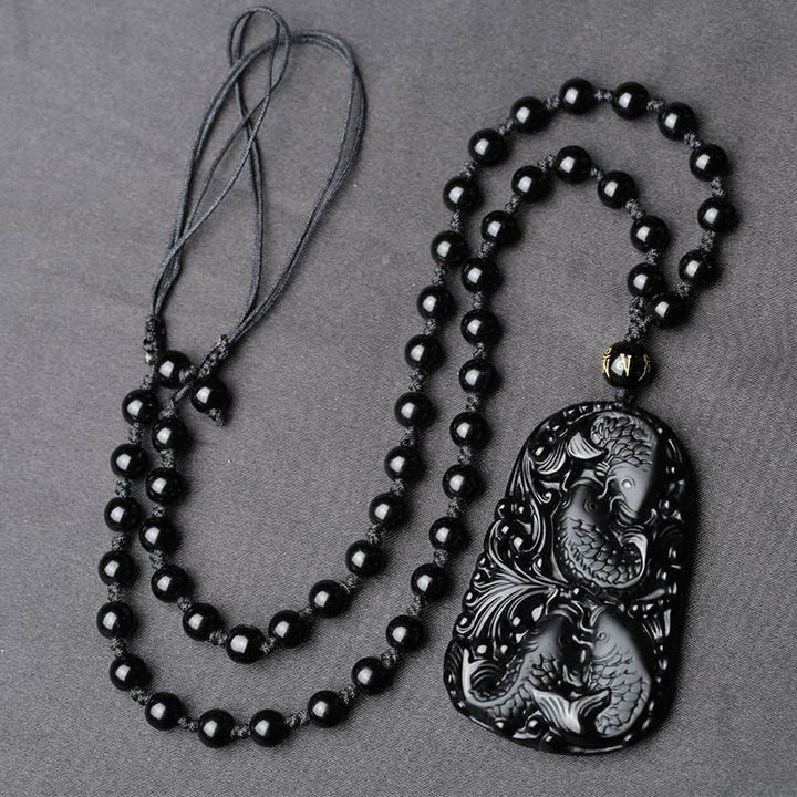 Buddha Stones Black Obsidian Koi Fish Engraved Strength Beaded Necklace Pendant