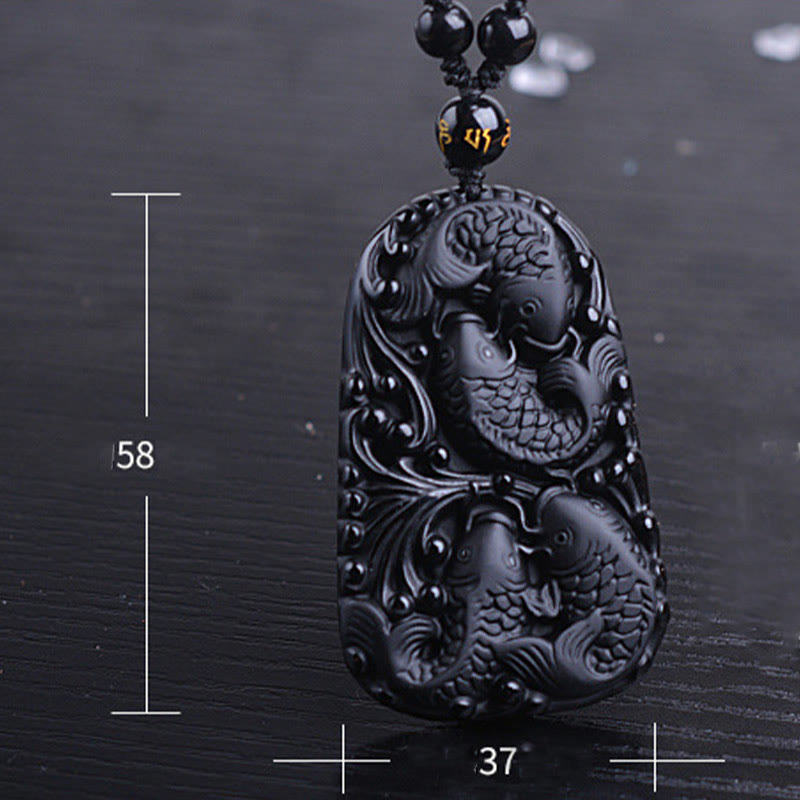 Buddha Stones Black Obsidian Koi Fish Engraved Strength Beaded Necklace Pendant