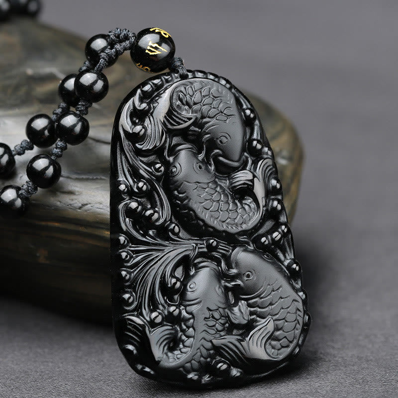 Buddha Stones Black Obsidian Koi Fish Engraved Strength Beaded Necklace Pendant - image 2