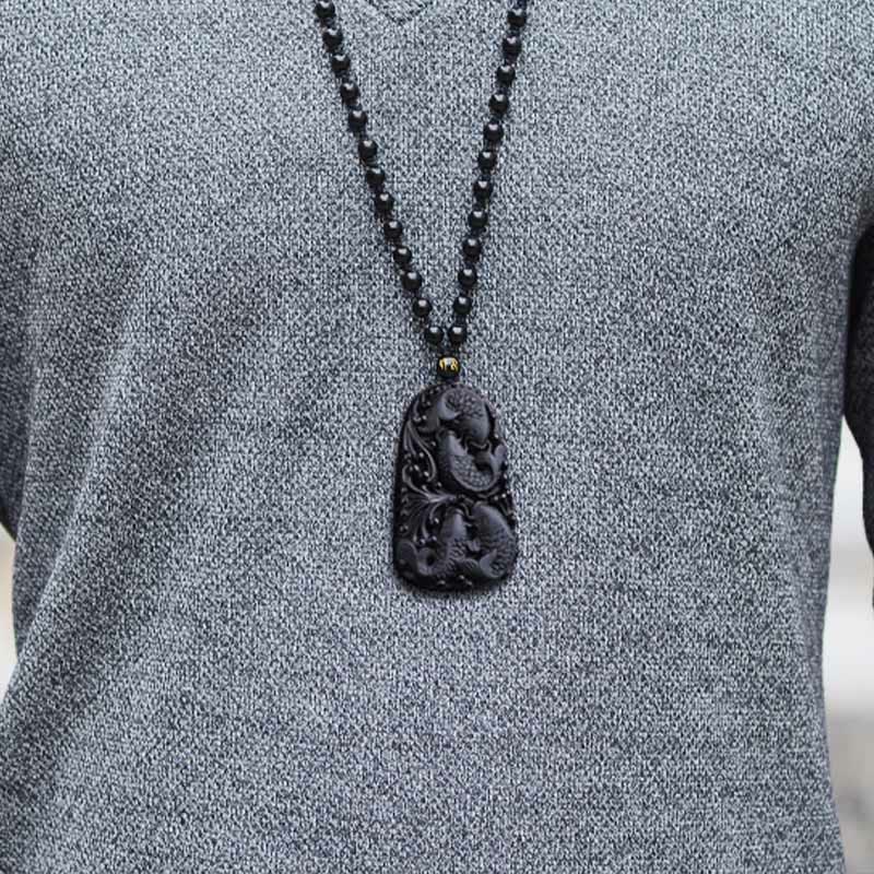 Buddha Stones Black Obsidian Koi Fish Engraved Strength Beaded Necklace Pendant - image 17