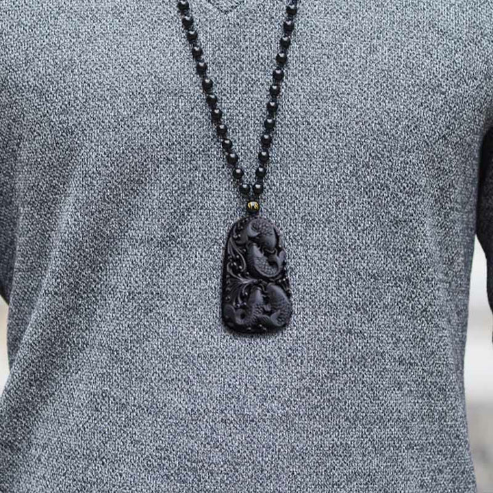 Buddha Stones Black Obsidian Koi Fish Engraved Strength Beaded Necklace Pendant - image 17