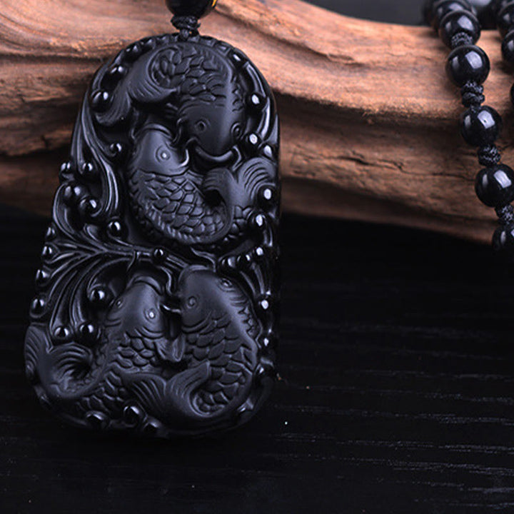 Buddha Stones Black Obsidian Koi Fish Engraved Strength Beaded Necklace Pendant - image 14