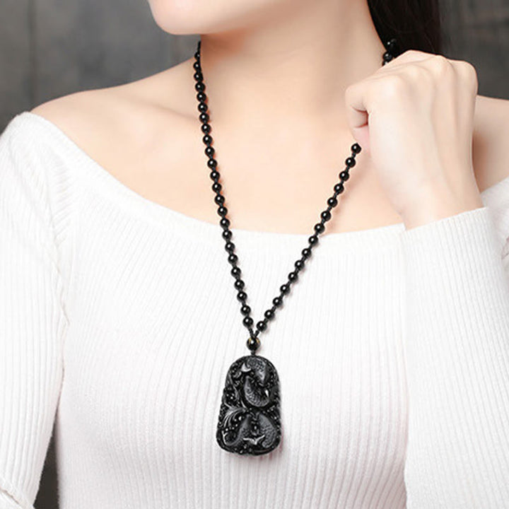 Buddha Stones Black Obsidian Koi Fish Engraved Strength Beaded Necklace Pendant - image 21