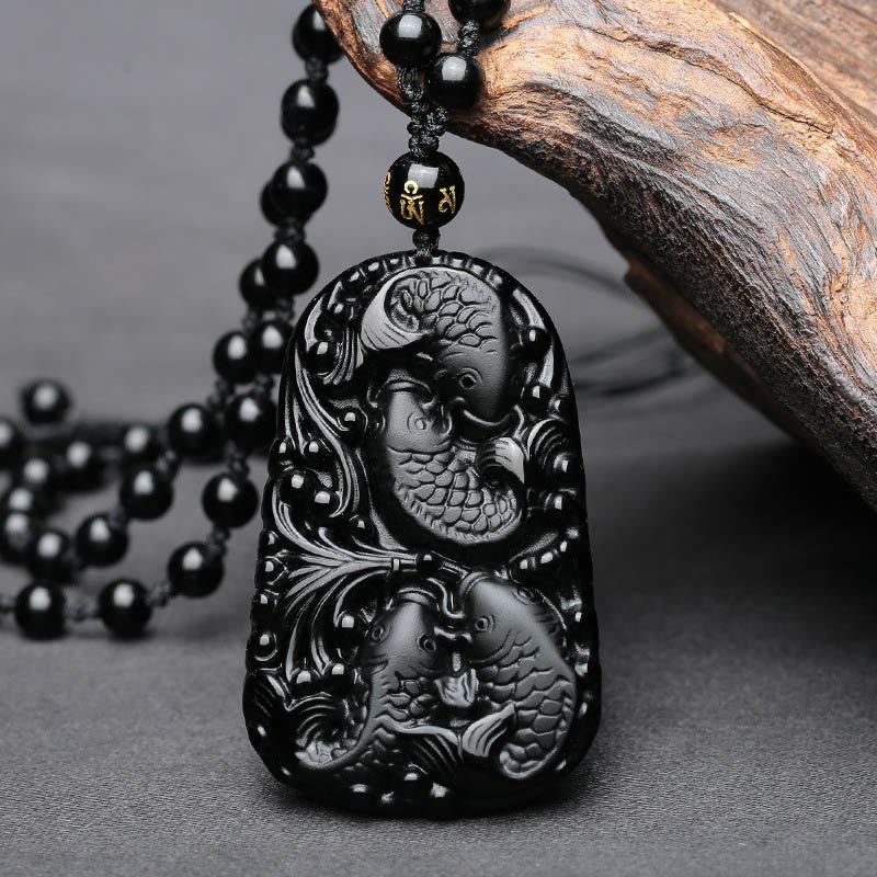 Buddha Stones Black Obsidian Koi Fish Engraved Strength Beaded Necklace Pendant - image 8