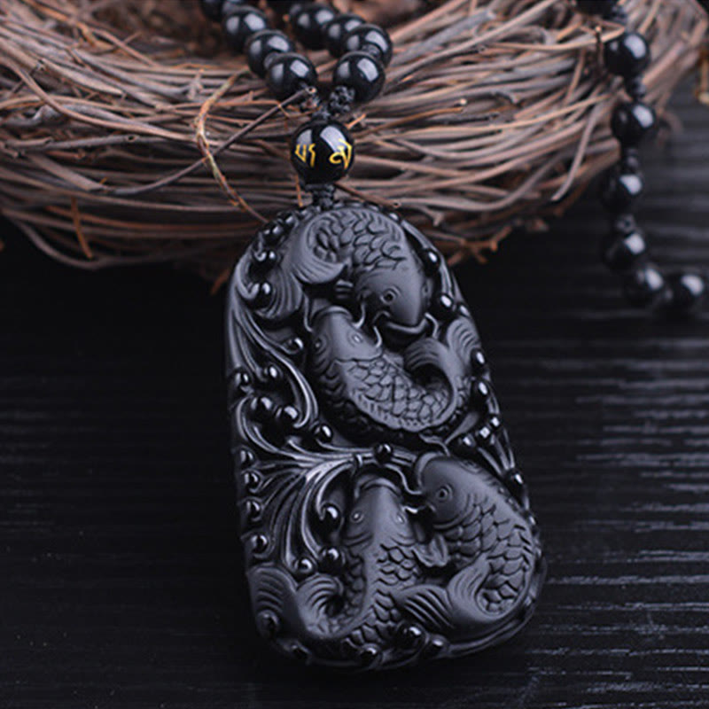 Buddha Stones Black Obsidian Koi Fish Engraved Strength Beaded Necklace Pendant - image 12