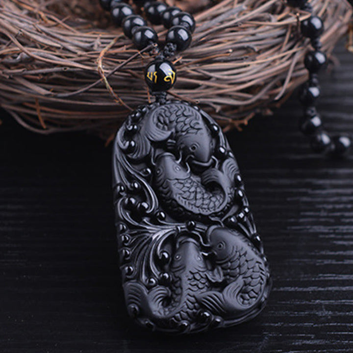 Buddha Stones Black Obsidian Koi Fish Engraved Strength Beaded Necklace Pendant - image 12