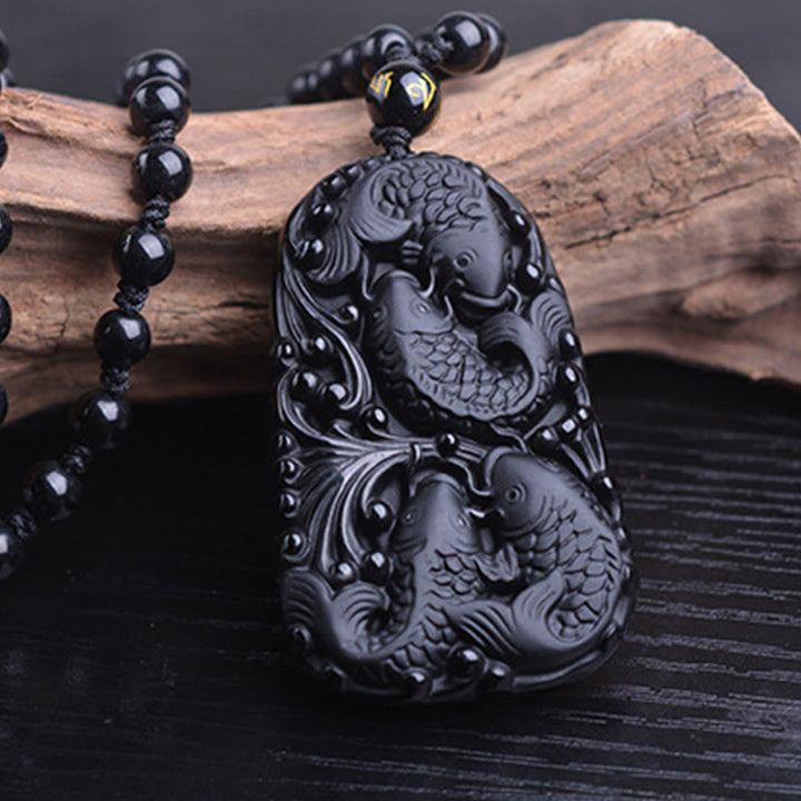 Buddha Stones Black Obsidian Koi Fish Engraved Strength Beaded Necklace Pendant