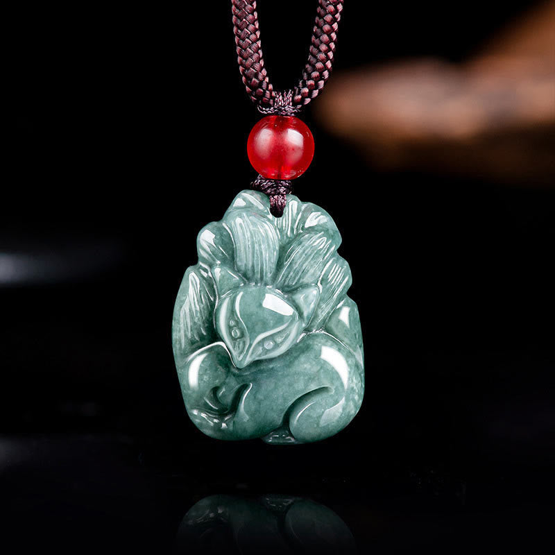 Buddha Stones Natural Green Jade Nine-Tailed Fox Engraved Prosperity Necklace Pendant