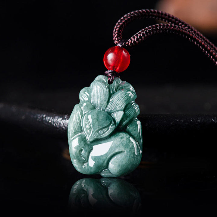 Buddha Stones Natural Green Jade Nine-Tailed Fox Engraved Prosperity Necklace Pendant