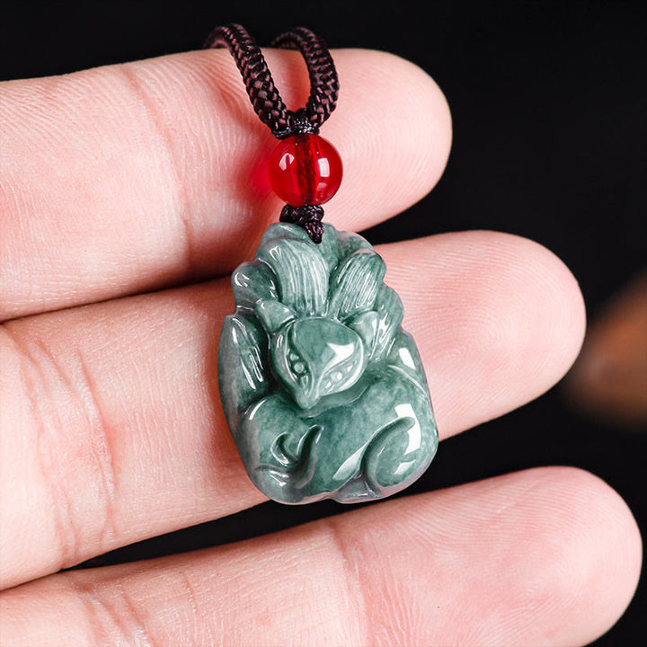 Buddha Stones Natural Green Jade Nine-Tailed Fox Engraved Prosperity Necklace Pendant