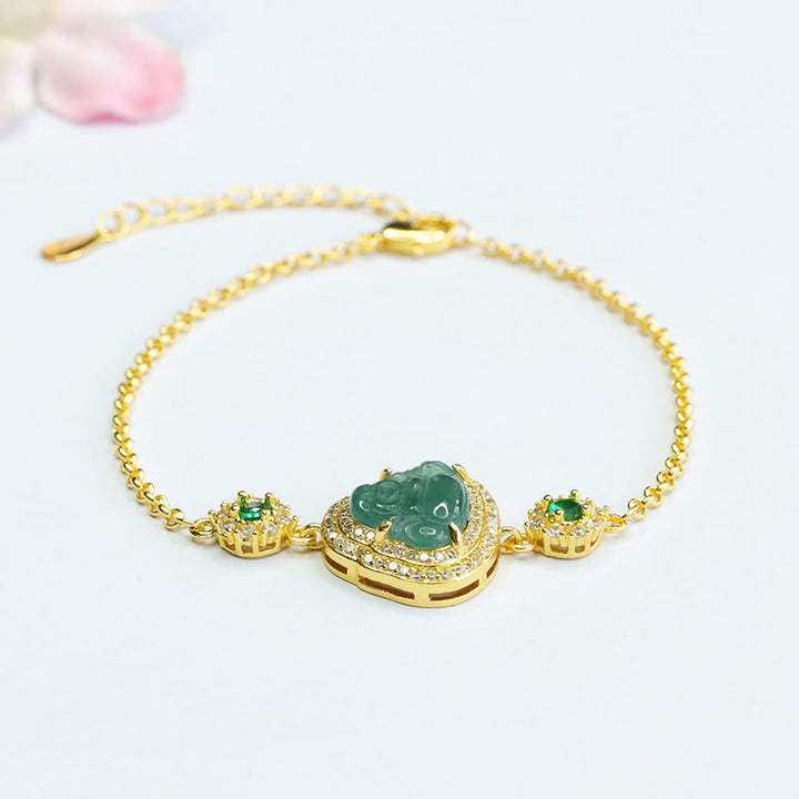 Buddha Stones Laughing Buddha Green Jade Zircon Luck Chain Bracelet