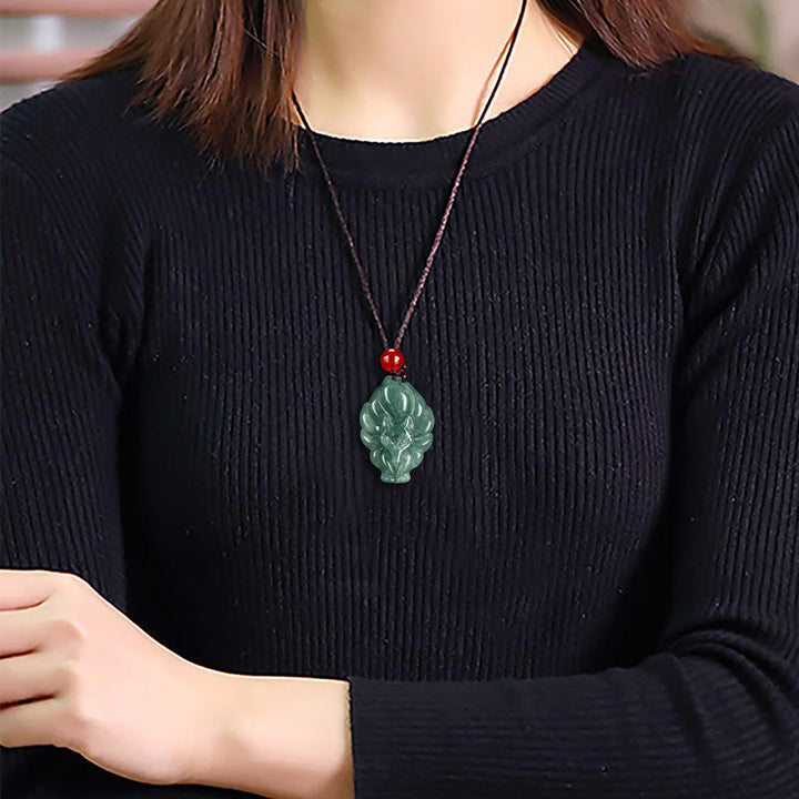 Buddha Stones Natural Green Jade Nine-Tailed Fox Luck Necklace Pendant