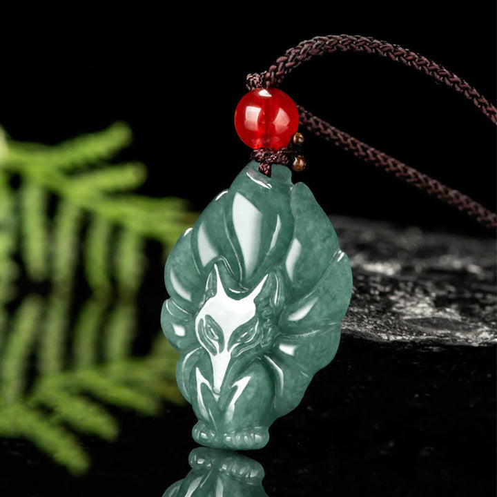 Buddha Stones Natural Green Jade Nine-Tailed Fox Luck Necklace Pendant - image 1
