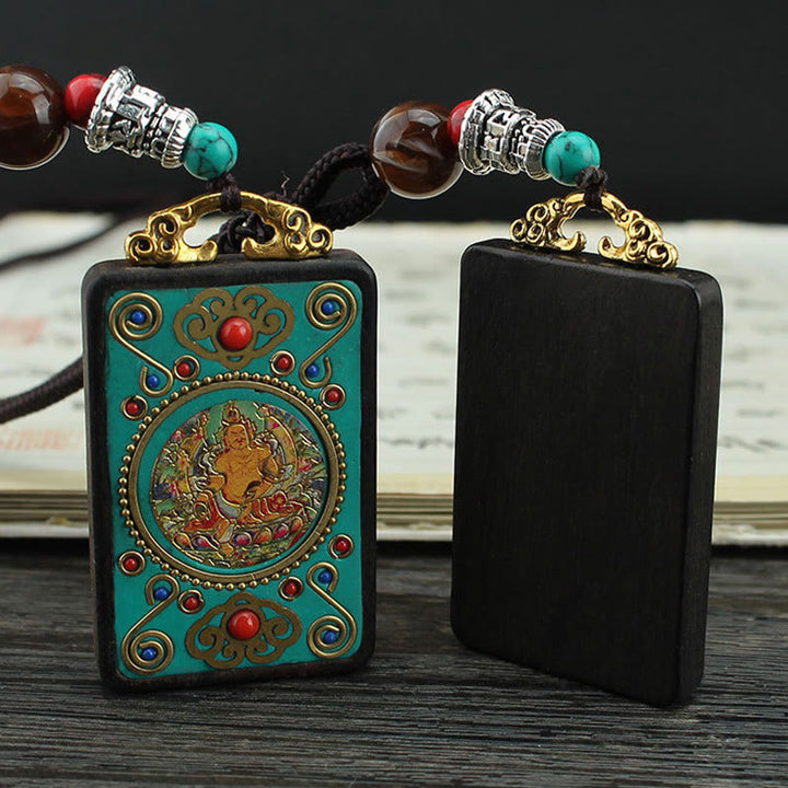 Buddha Stones Tibet God Of Wealth Money Tree Golden Phoenix Thangka Ebony Peace Necklace Pendant - image 2