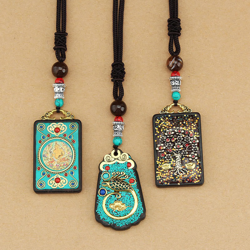 Buddha Stones Tibet God Of Wealth Money Tree Golden Phoenix Thangka Ebony Peace Necklace Pendant - image 16