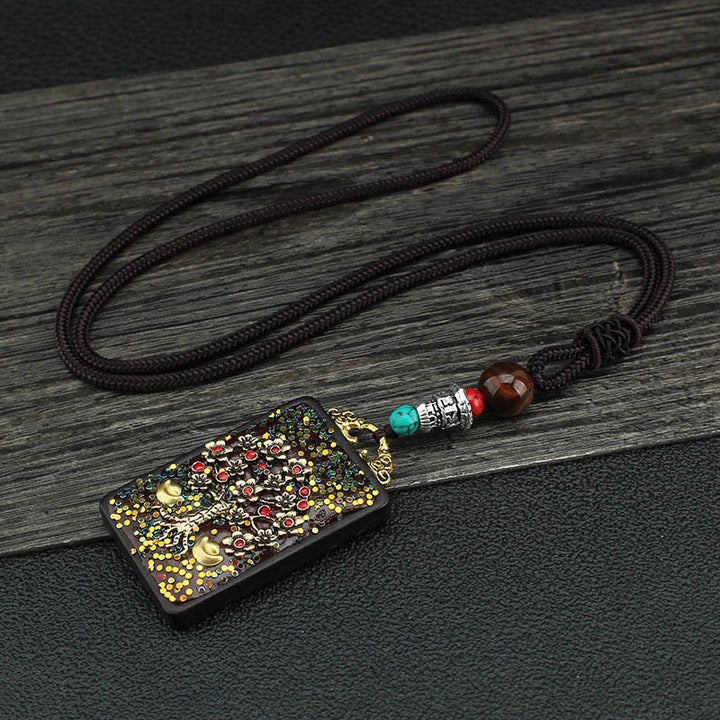 Buddha Stones Tibet God Of Wealth Money Tree Golden Phoenix Thangka Ebony Peace Necklace Pendant - Money Tree - image 9