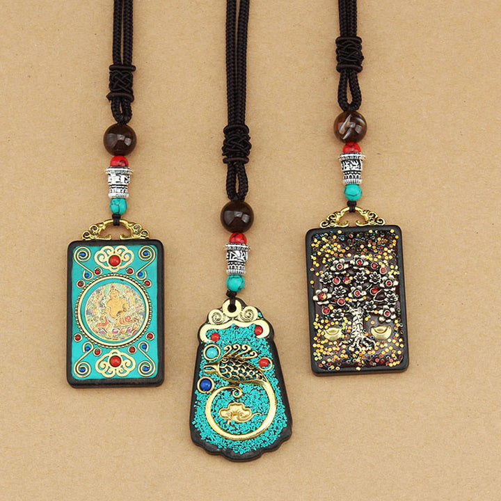 Buddha Stones Tibet God Of Wealth Money Tree Golden Phoenix Thangka Ebony Peace Necklace Pendant