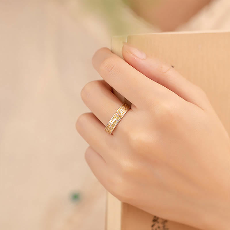 Buddha Stone 999 Sterling Silver Gold-Painted Joyful Flower Pattern Peaceful Heart Sutra Ring - image 4