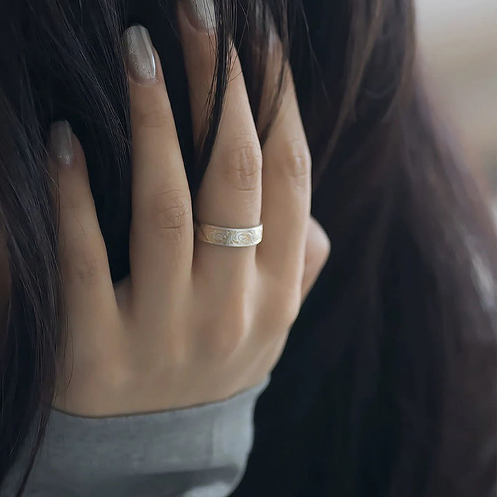 Buddha Stone 999 Sterling Silver Gold-Painted Joyful Flower Pattern Peaceful Heart Sutra Ring - image 11