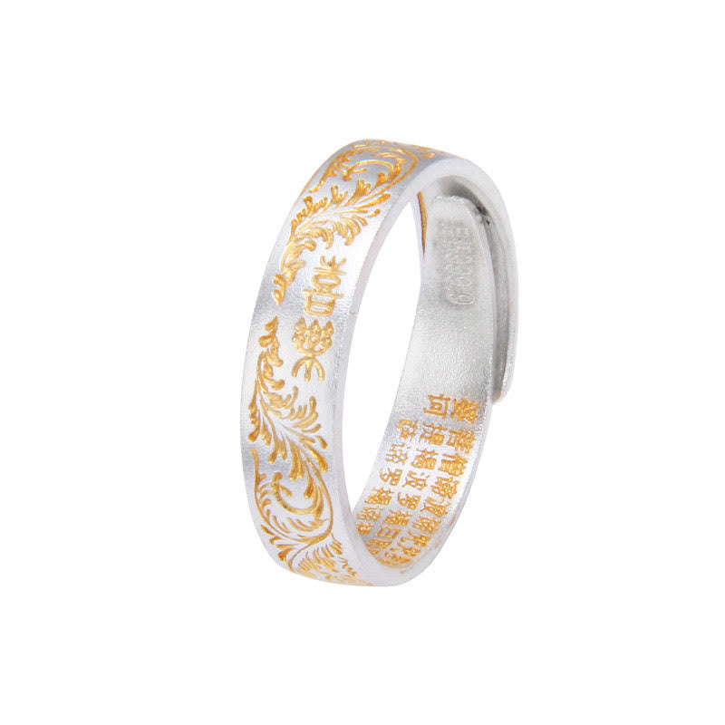 Buddha Stone 999 Sterling Silver Gold-Painted Joyful Flower Pattern Peaceful Heart Sutra Ring - image 8