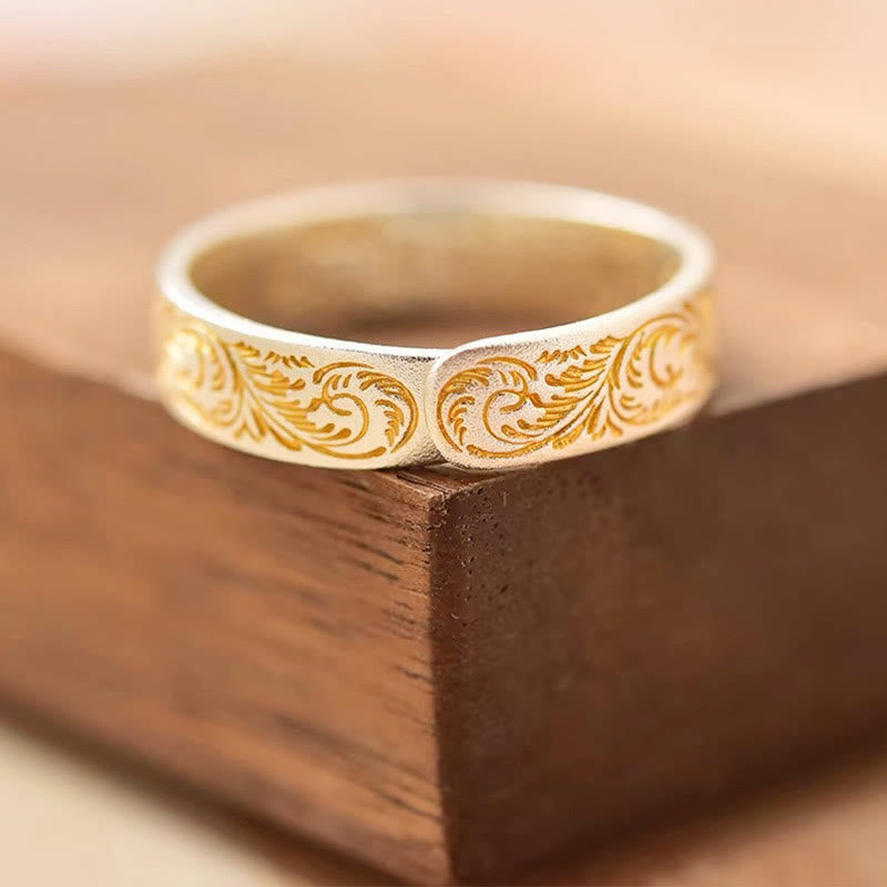 Buddha Stone 999 Sterling Silver Gold-Painted Joyful Flower Pattern Peaceful Heart Sutra Ring - image 1