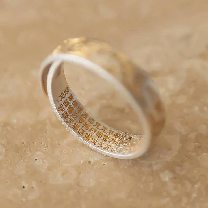 Buddha Stone 999 Sterling Silver Gold-Painted Joyful Flower Pattern Peaceful Heart Sutra Ring - image 2