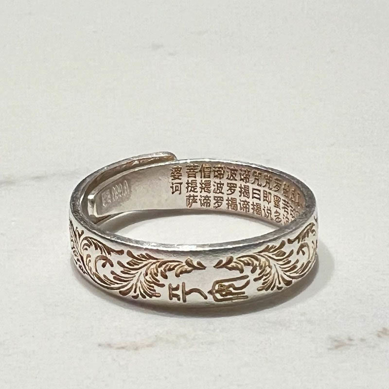 Buddha Stone 999 Sterling Silver Gold-Painted Joyful Flower Pattern Peaceful Heart Sutra Ring - image 15
