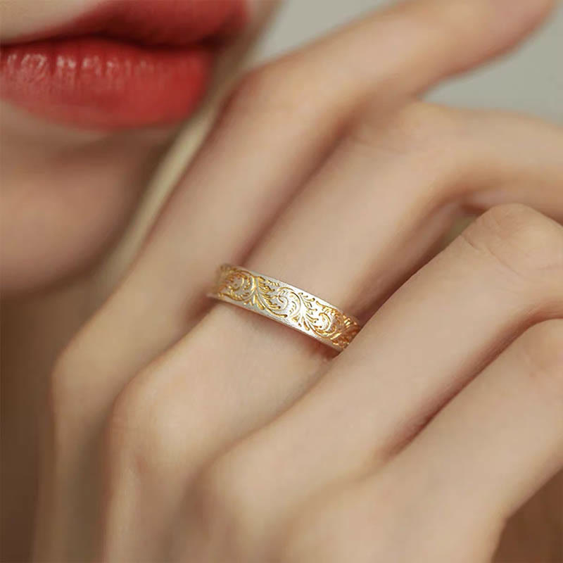 Buddha Stone 999 Sterling Silver Gold-Painted Joyful Flower Pattern Peaceful Heart Sutra Ring - image 10