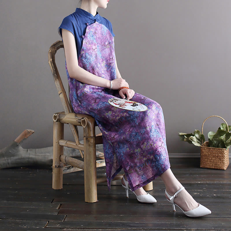 Buddha Stones Vintage Purple Flower Print Ramie Linen Cheongsam Midi Dress With Pockets