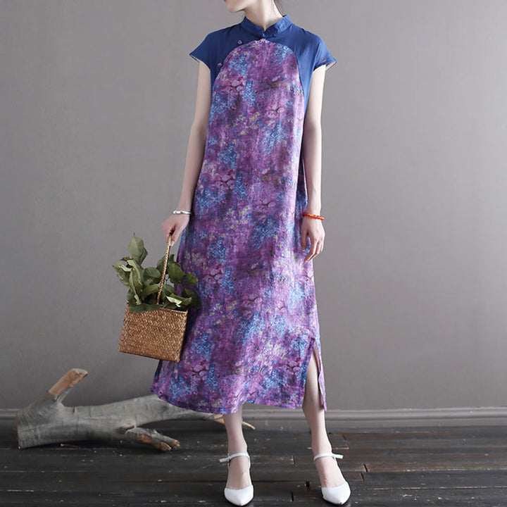 Buddha Stones Vintage Purple Flower Print Ramie Linen Cheongsam Midi Dress With Pockets