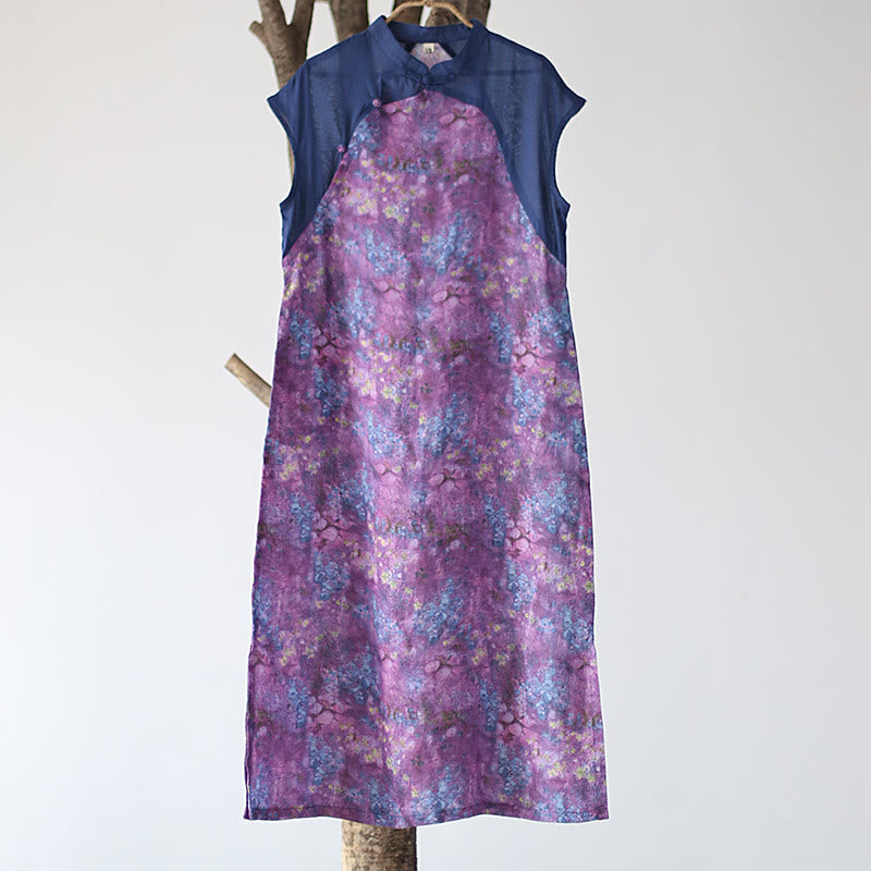 Buddha Stones Vintage Purple Flower Print Ramie Linen Cheongsam Midi Dress With Pockets