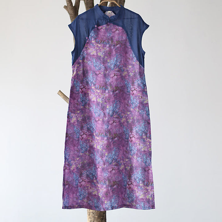 Buddha Stones Vintage Purple Flower Print Ramie Linen Cheongsam Midi Dress With Pockets