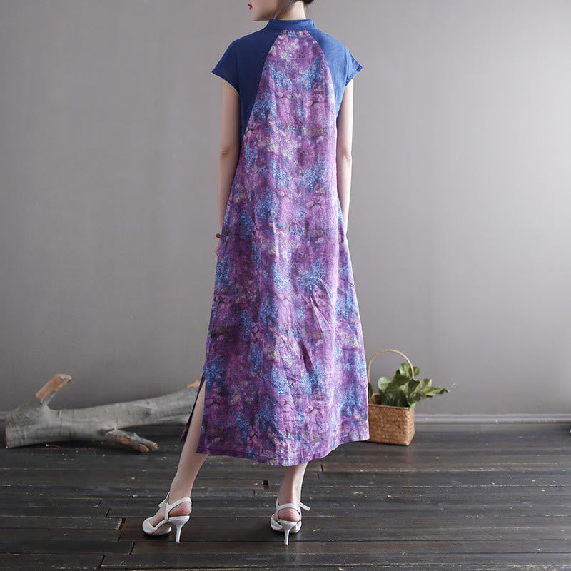 Buddha Stones Vintage Purple Flower Print Ramie Linen Cheongsam Midi Dress With Pockets